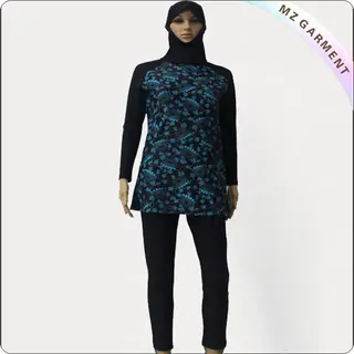 Black Long Sleeve Muslim Swimwear with Green Printing